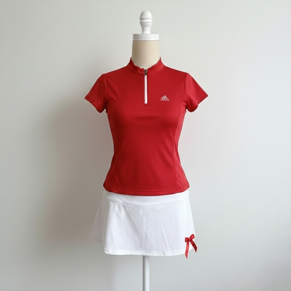 NFS** Adidas Red Quarter Zip Short Sleeve Top With Embroidered Logo.